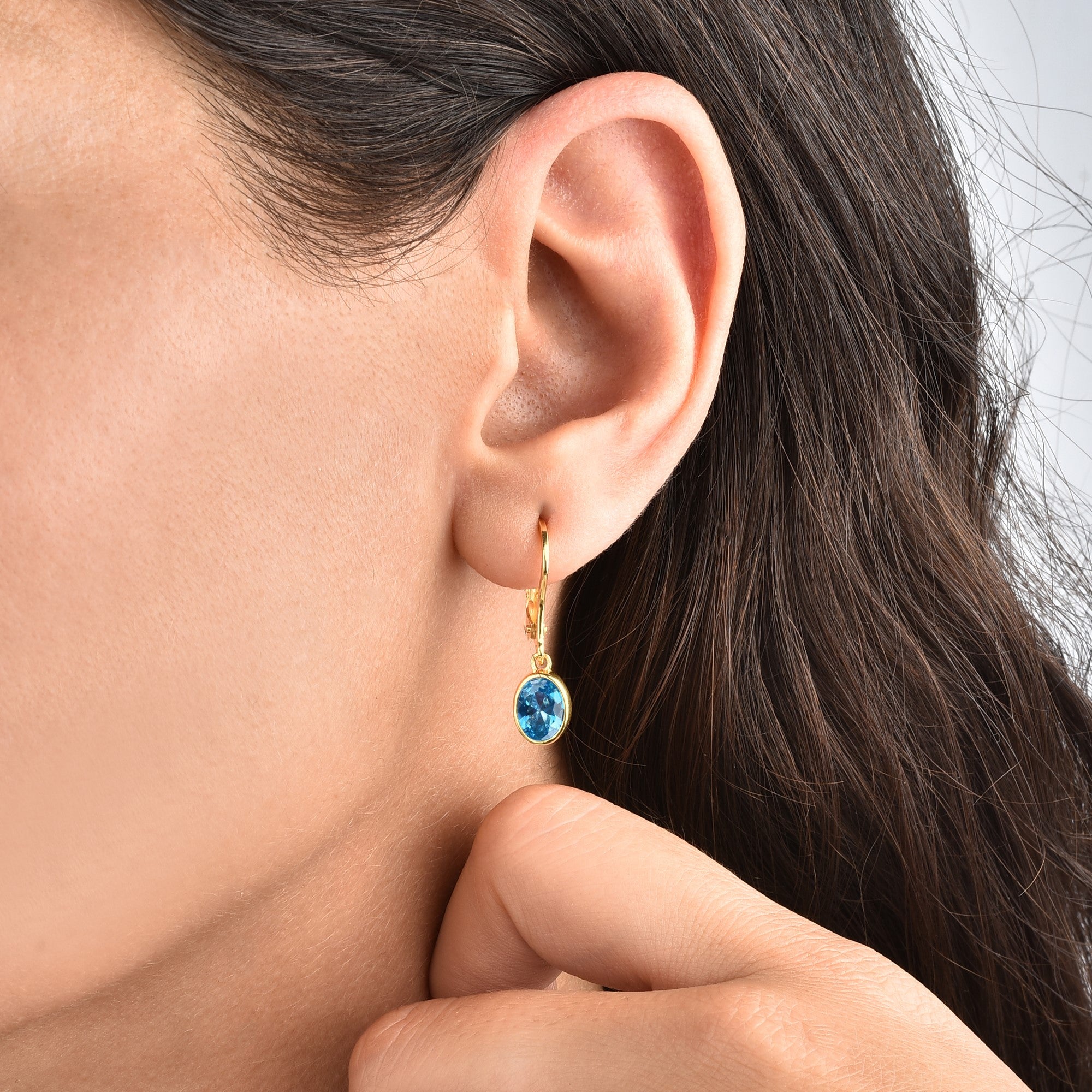 Oval Blue Topaz Bezel Dangle Earrings in 14K Solid Gold, December Birthstone Queen Jewelry Earrings