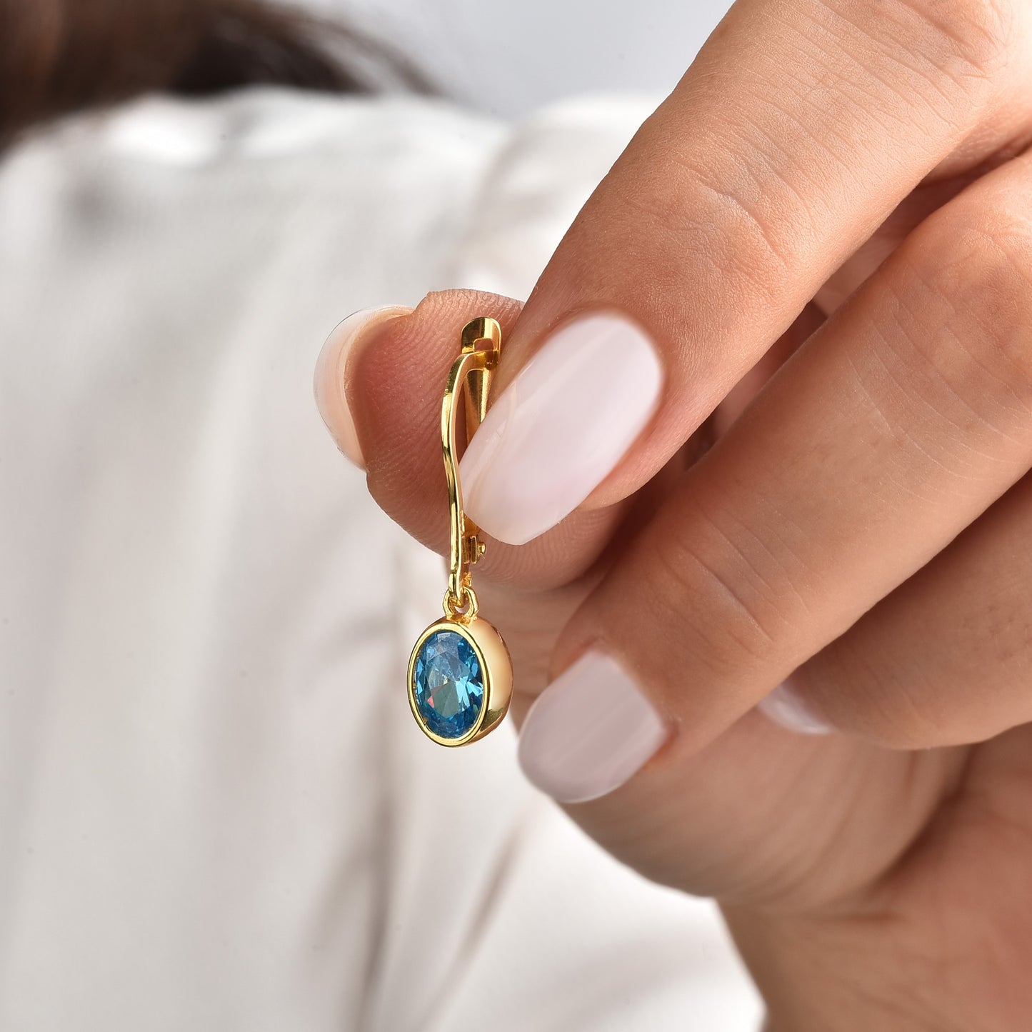Oval Blue Topaz Bezel Dangle Earrings in 14K Solid Gold, December Birthstone Queen Jewelry Earrings
