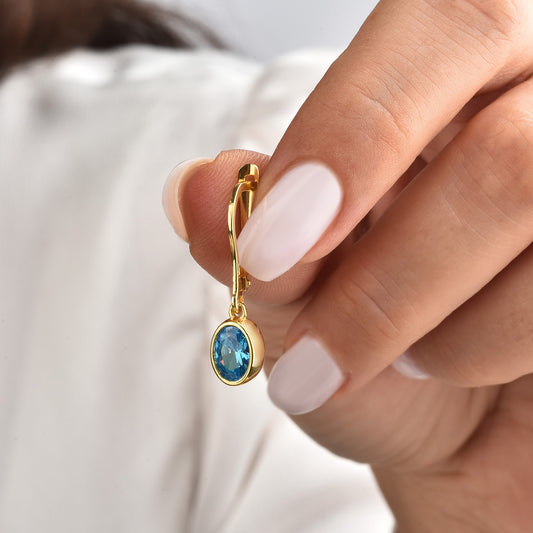 Oval Blue Topaz Bezel Dangle Earrings in 14K Solid Gold, December Birthstone Queen Jewelry Earrings
