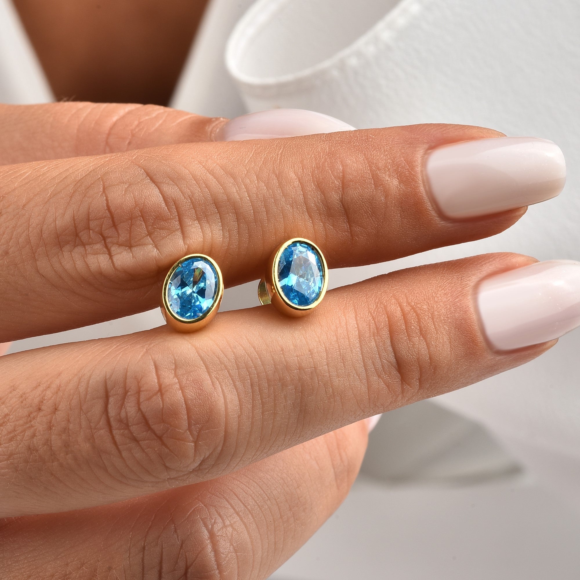 Oval Blue Topaz Bezel Stud Earrings in 14K Solid Gold, December Birthstone Queen Jewelry Earrings