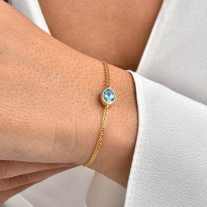 Oval Blue Topaz Bezel Bracelet in 14K Solid Gold, December Birthstone Queen Jewelry Bracelet