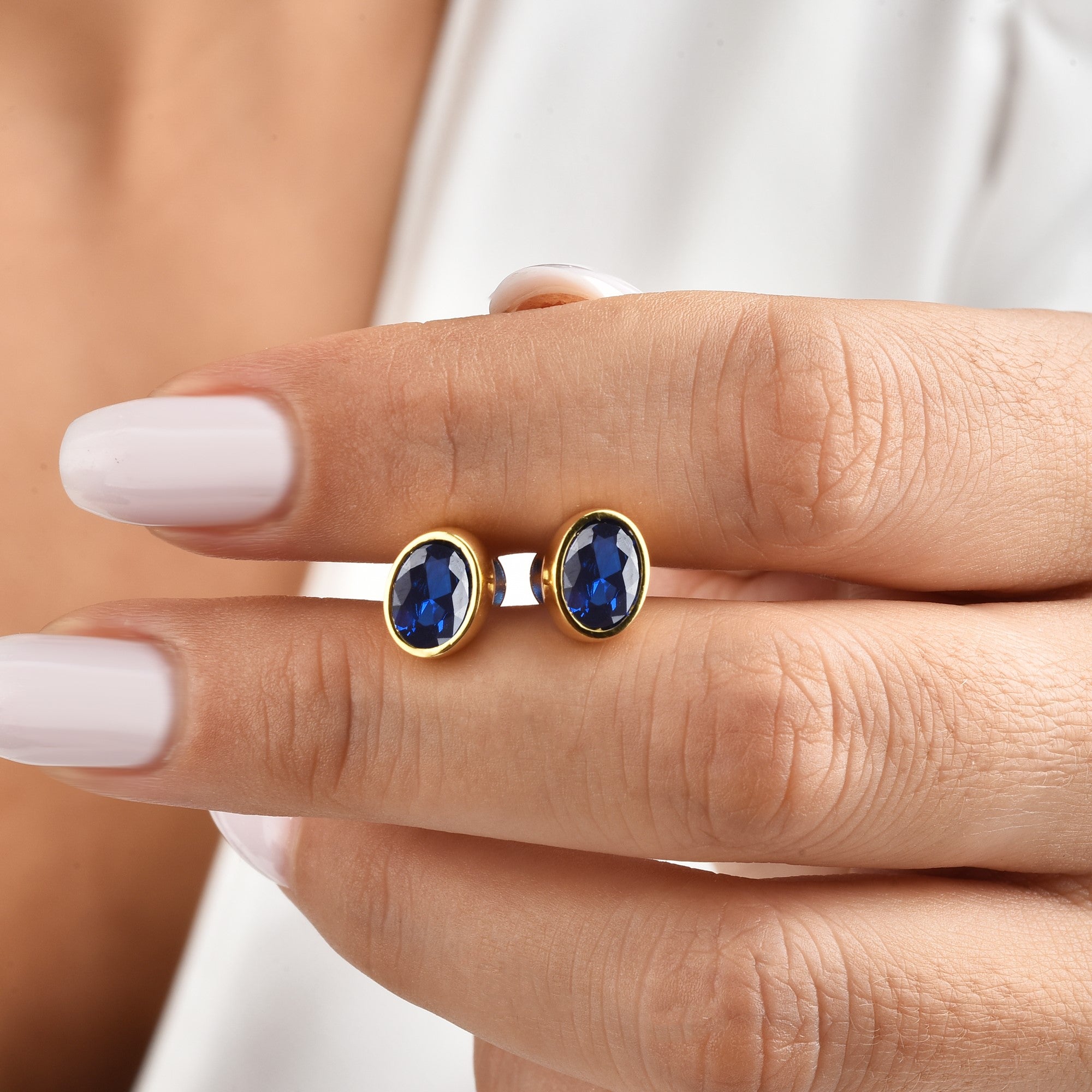 Oval Sapphire Bezel Stud Earrings in 14K Solid Gold, September Birthstone Queen Jewelry Earrings