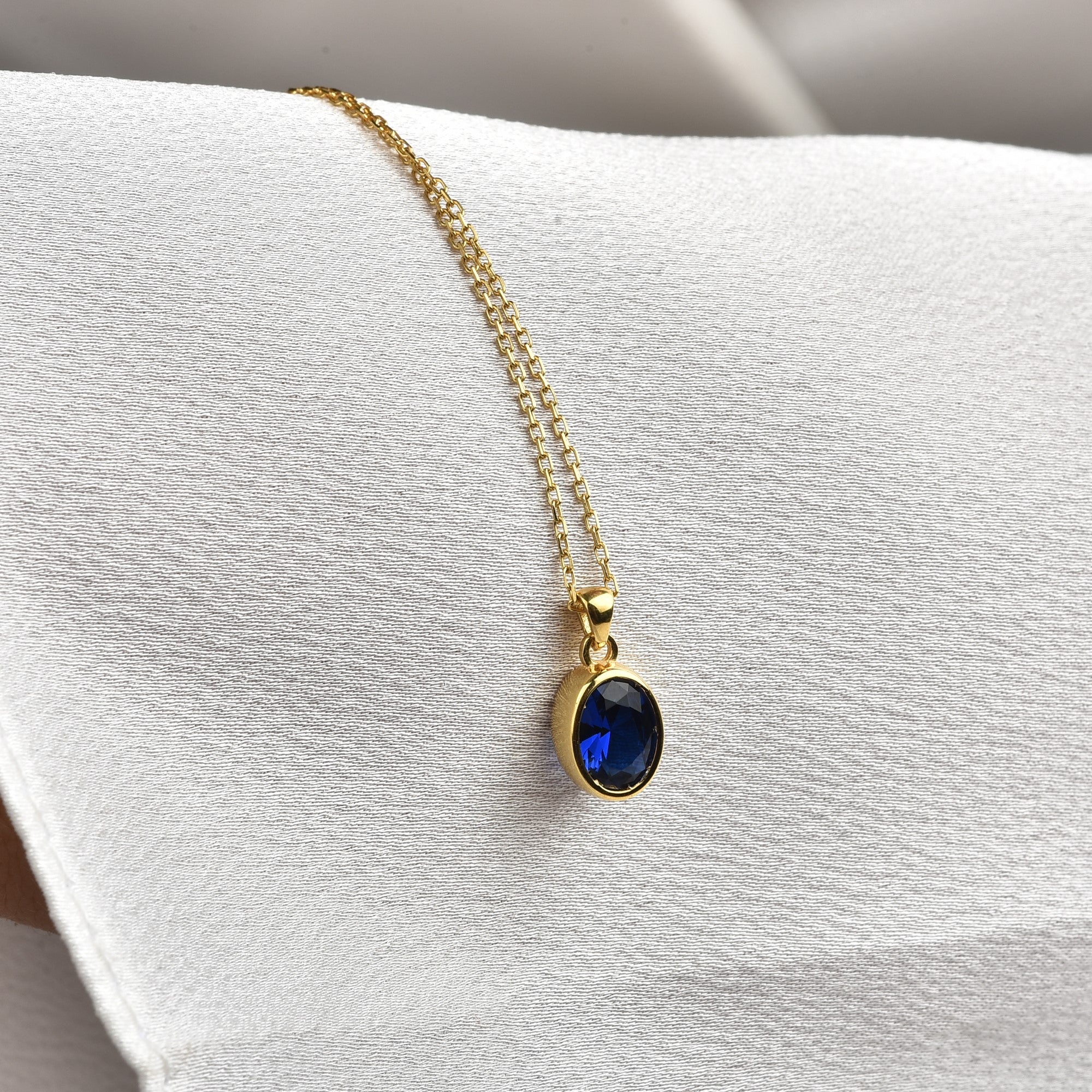 Oval Sapphire Bezel Necklace 14K Solid Gold, September Birthstone Charm Pendant Queen Jewelry Necklace