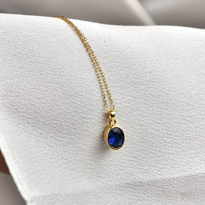 Oval Sapphire Bezel Necklace 14K Solid Gold, September Birthstone Charm Pendant Queen Jewelry Necklace