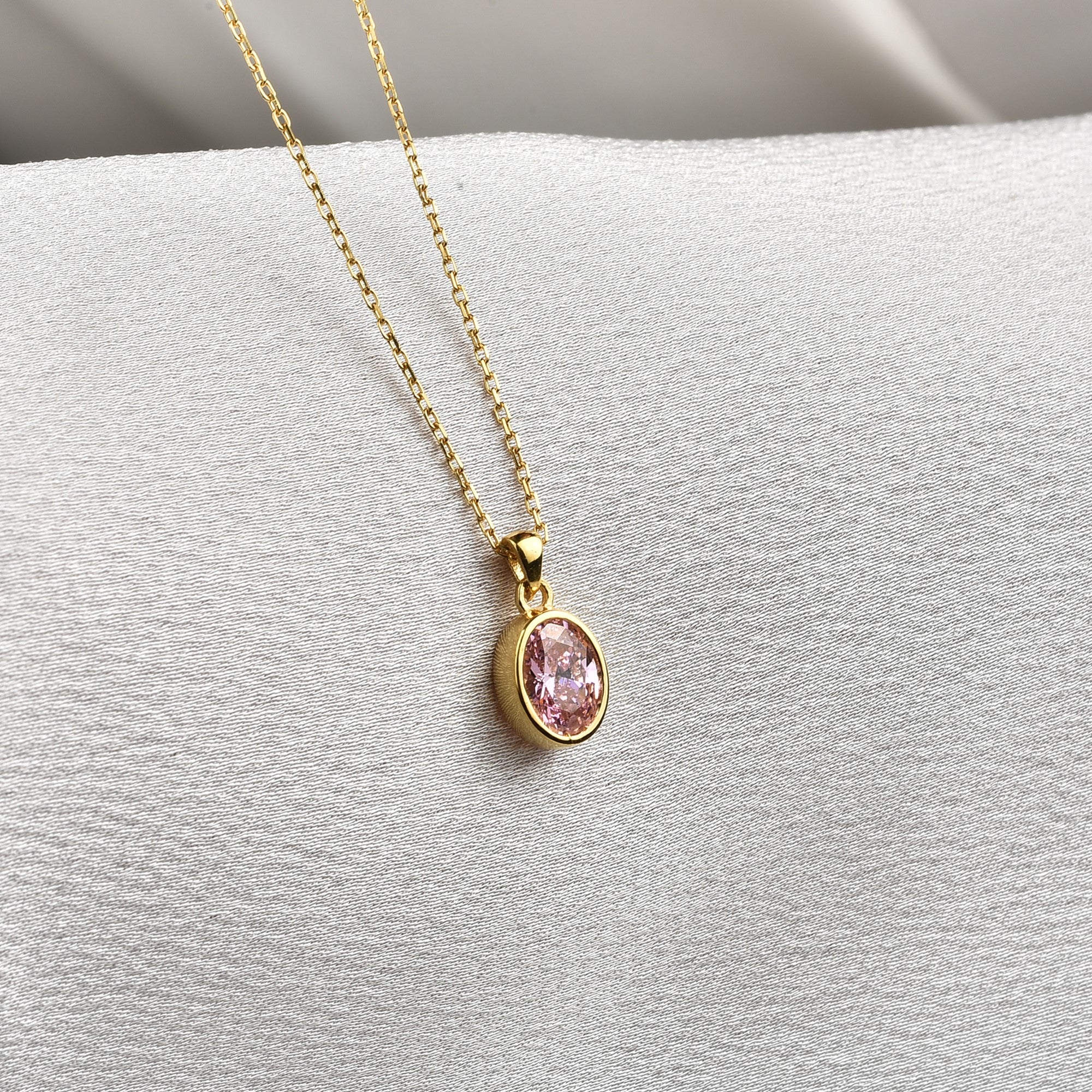Oval Pink Tourmaline Bezel Necklace 14K Solid Gold, October Birthstone Charm Pendant Queen Jewelry Necklace