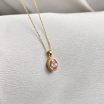 Oval Pink Tourmaline Bezel Necklace 14K Solid Gold, October Birthstone Charm Pendant Queen Jewelry Necklace