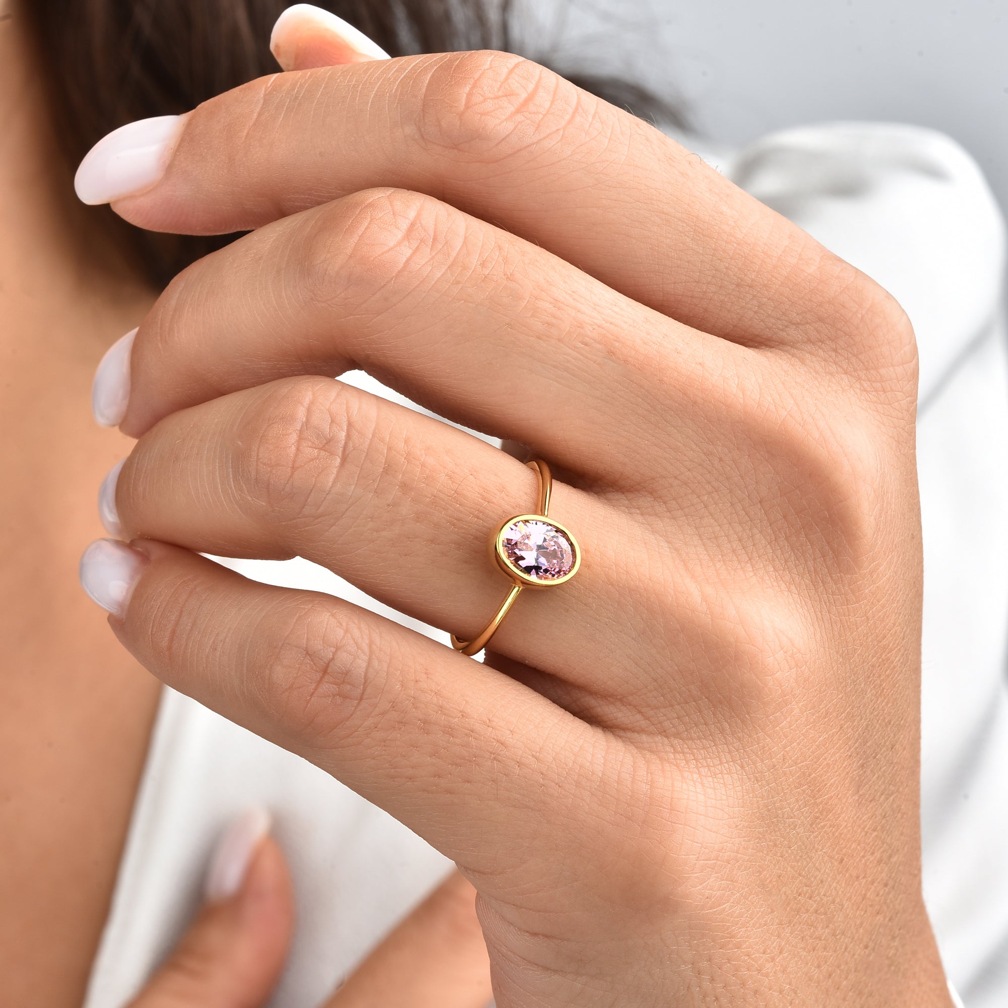 Oval Pink Tourmaline Bezel Ring in 14K Solid Gold, October Birthstone Queen Jewelry Rings