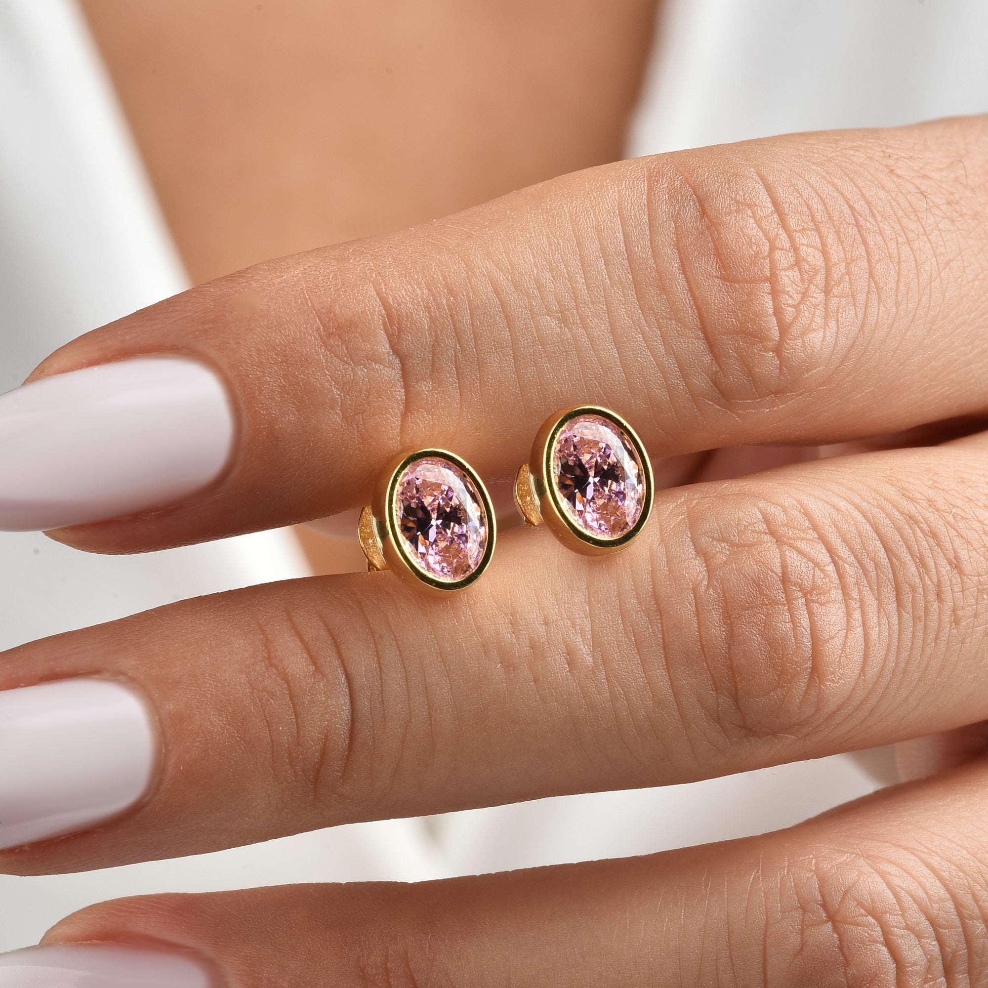 Oval Pink Tourmaline Bezel Stud Earrings in 14K Solid Gold, October Birthstone Queen Jewelry Earrings