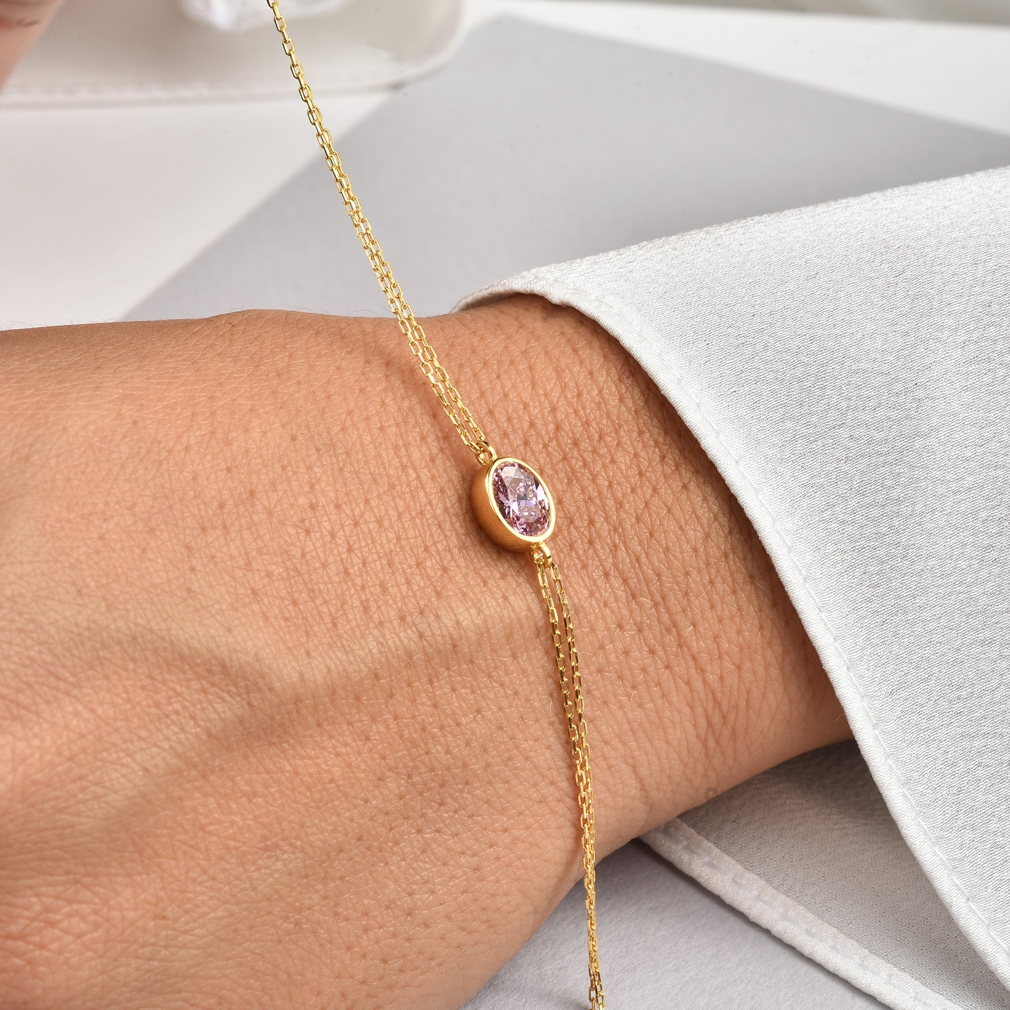 Oval Pink Tourmaline Bezel Bracelet in 14K Solid Gold, October Birthstone Queen Jewelry Bracelet