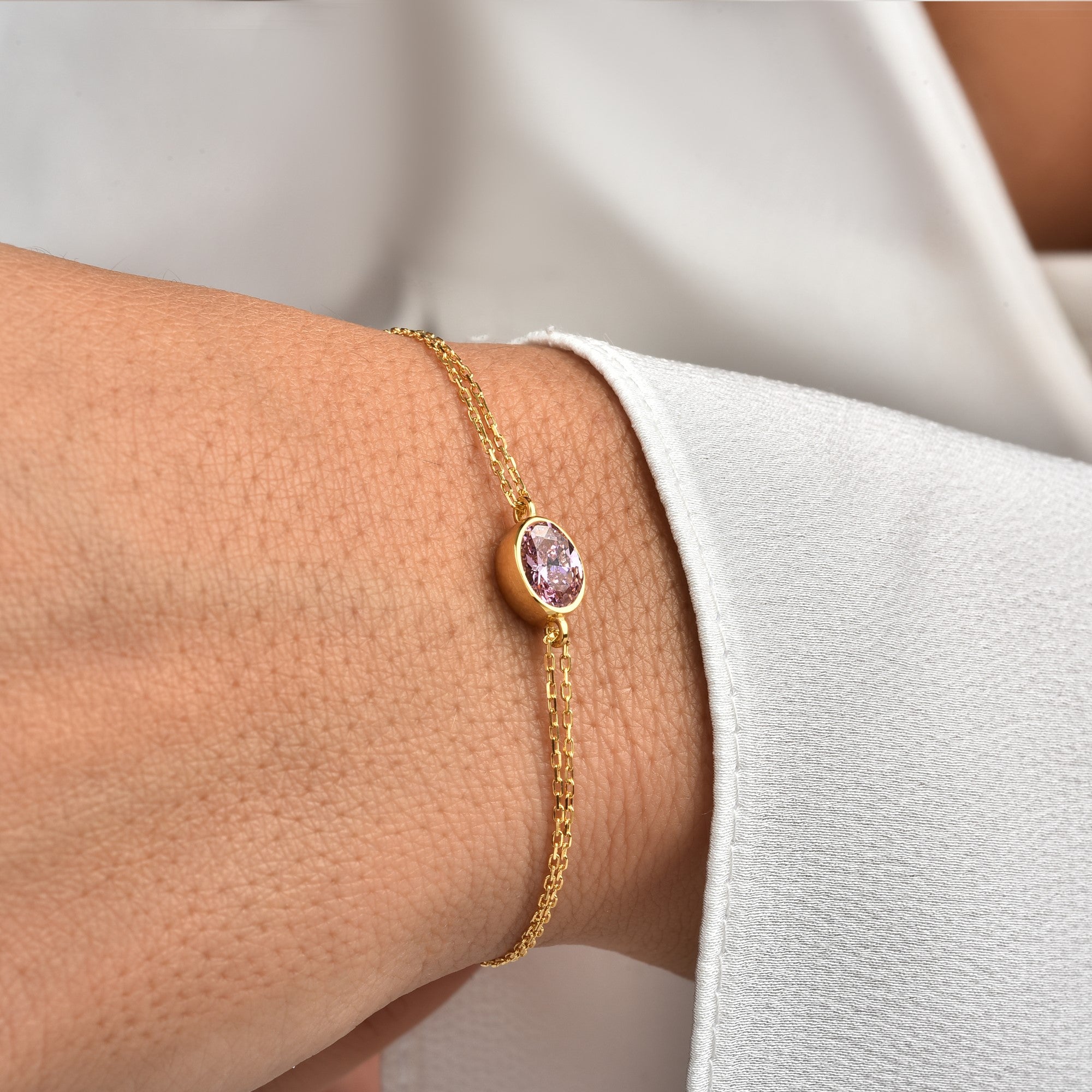 Oval Pink Tourmaline Bezel Bracelet in 14K Solid Gold, October Birthstone Queen Jewelry Bracelet