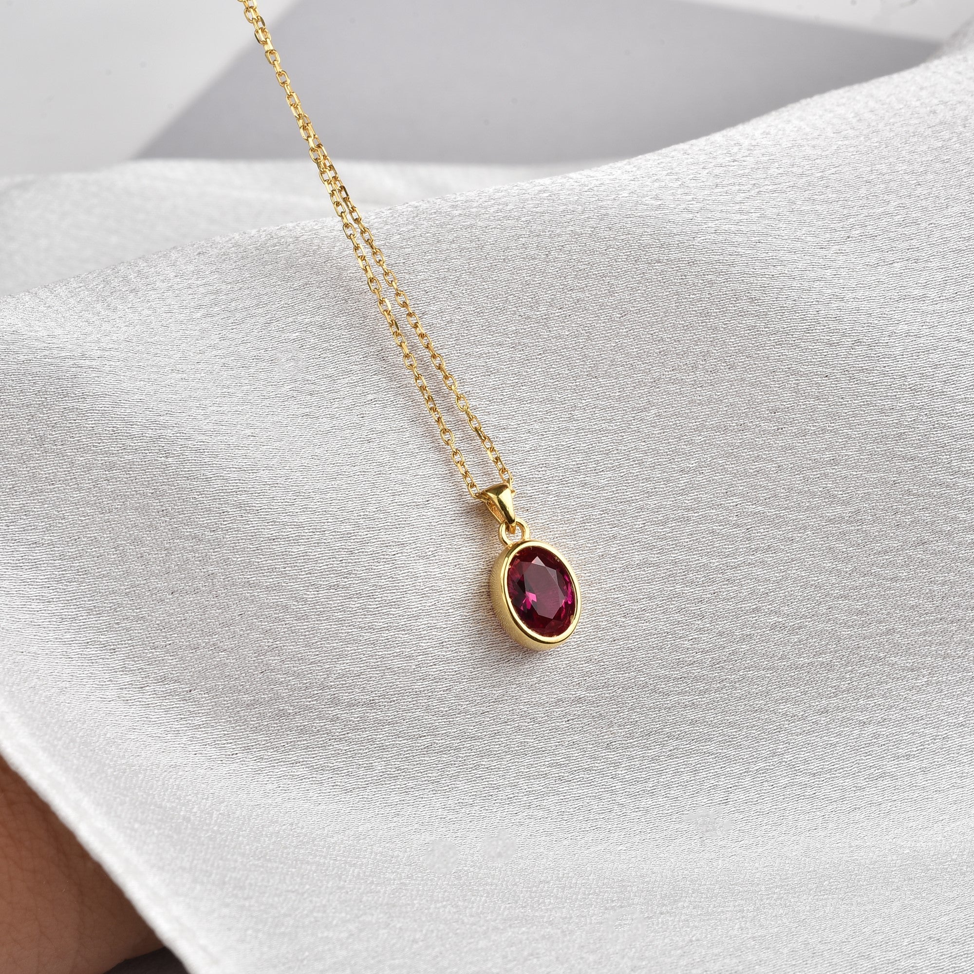 Oval Ruby Bezel Necklace 14K Solid Gold, July Birthstone Charm Pendant Queen Jewelry Necklace