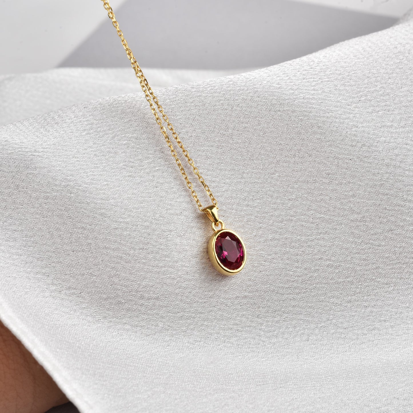 Oval Ruby Bezel Necklace 14K Solid Gold, July Birthstone Charm Pendant Queen Jewelry Necklace