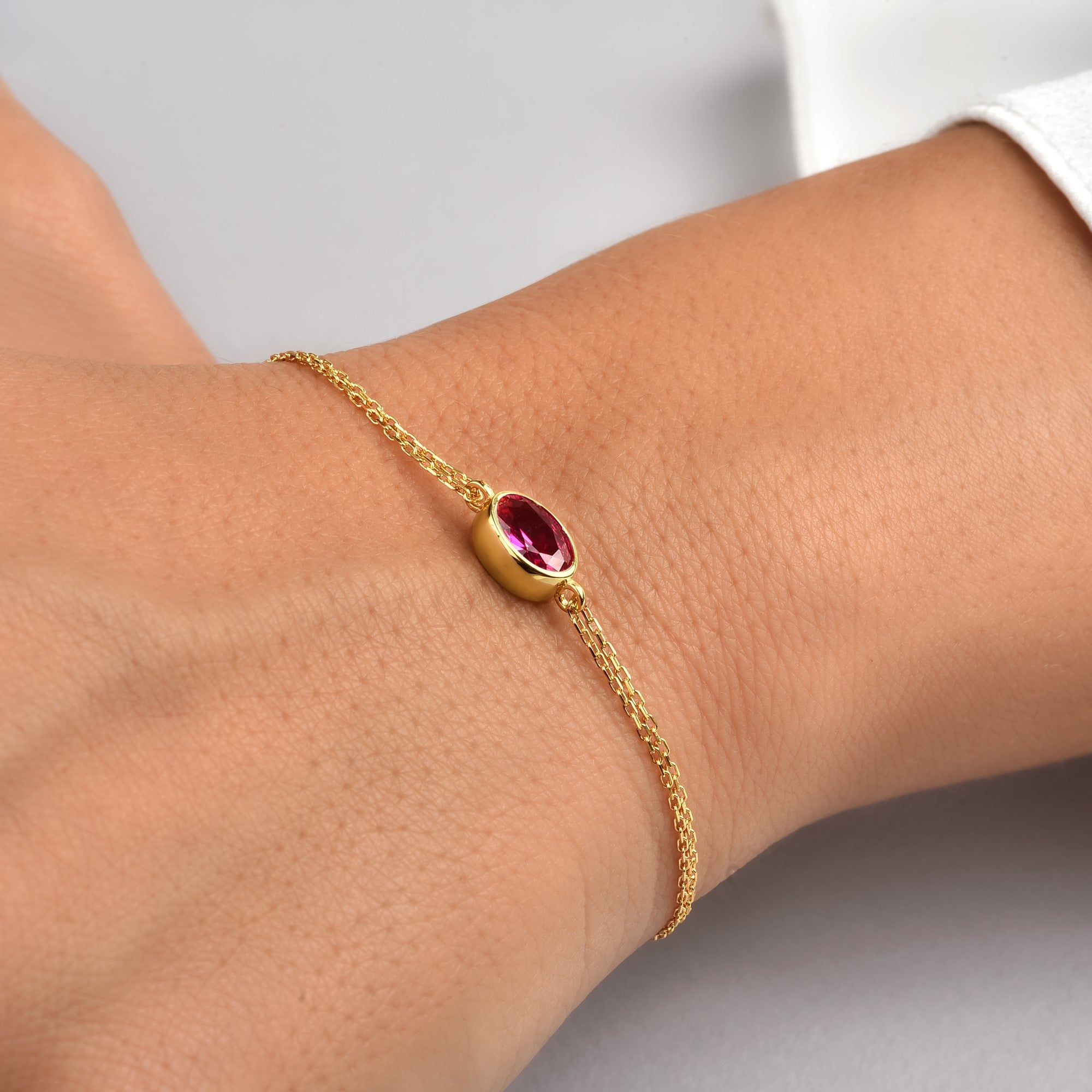 Oval Ruby Bezel Bracelet in 14K Solid Gold, July Birthstone Queen Jewelry Bracelet