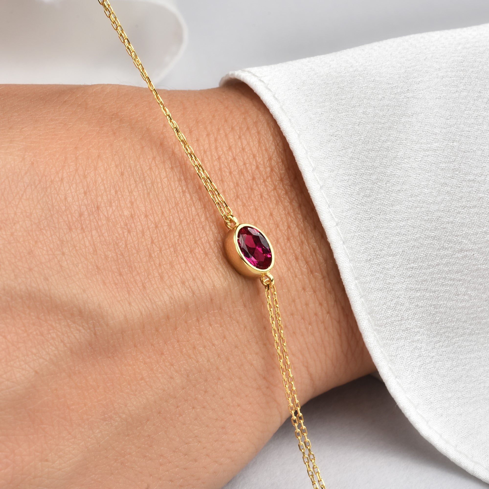 Oval Ruby Bezel Bracelet in 14K Solid Gold, July Birthstone Queen Jewelry Bracelet
