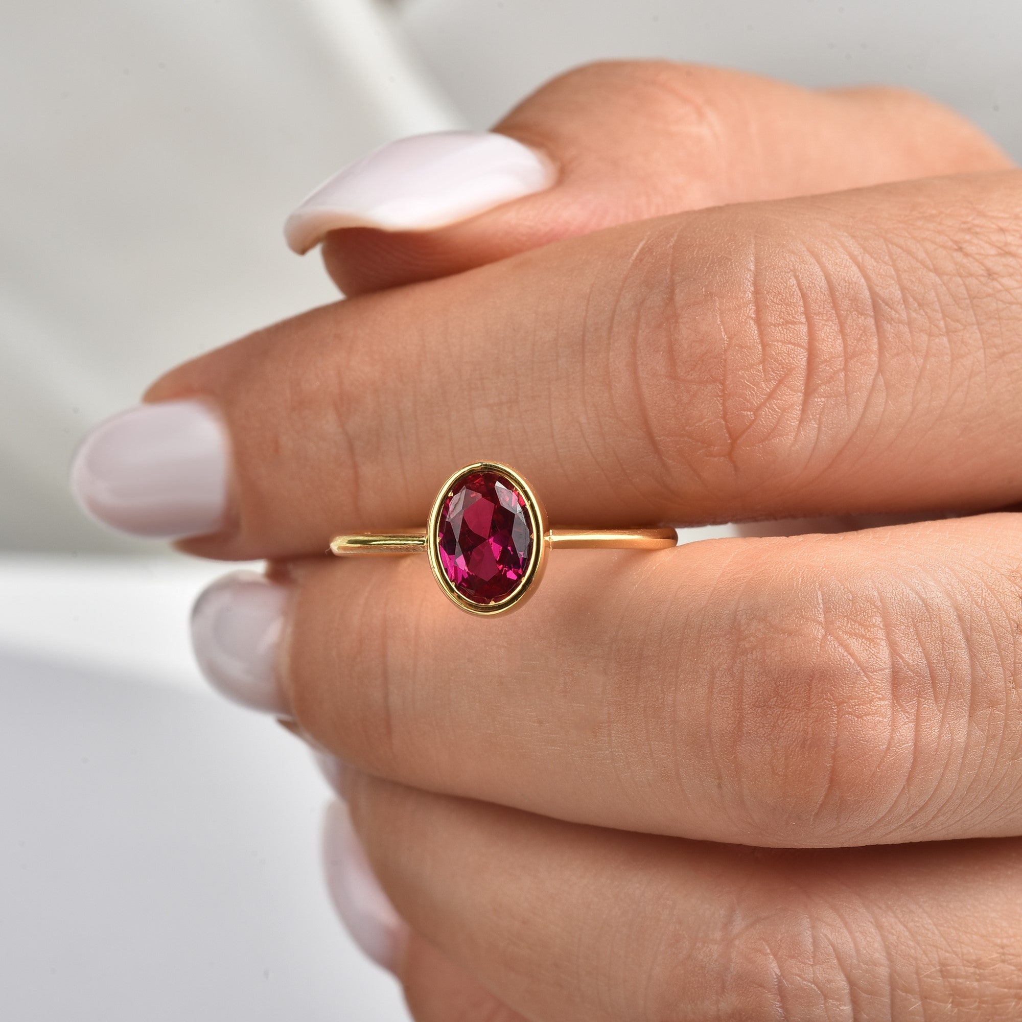 Oval Ruby Bezel Ring in 14K Solid Gold, July Birthstone Queen Jewelry Rings