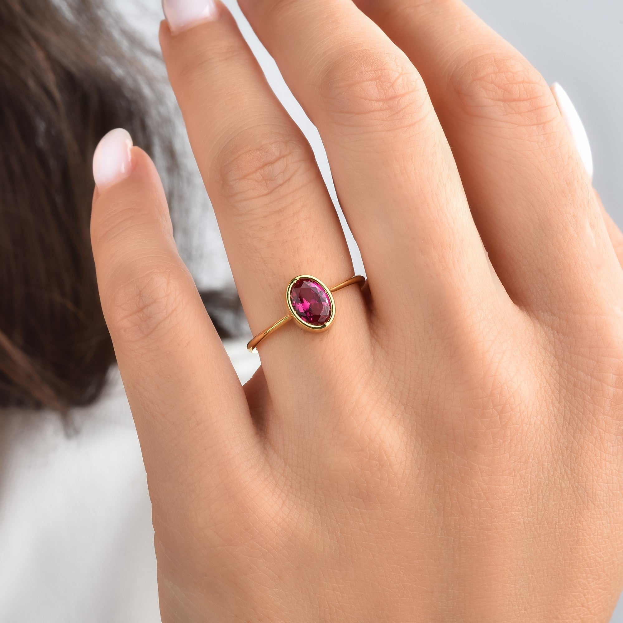 Oval Ruby Bezel Ring in 14K Solid Gold, July Birthstone Queen Jewelry Rings