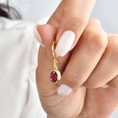 Oval Ruby Bezel Dangle Earrings in 14K Solid Gold, July Birthstone Queen Jewelry Earrings