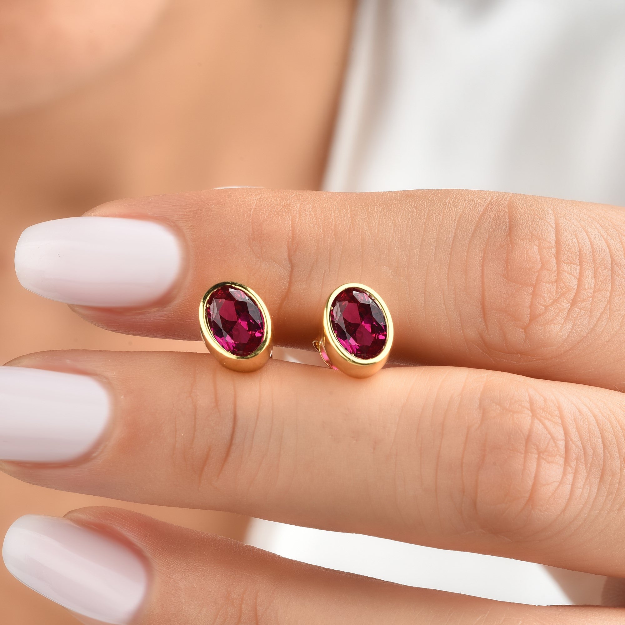 Oval Ruby Bezel Stud Earrings in 14K Solid Gold, July Birthstone Queen Jewelry Earrings