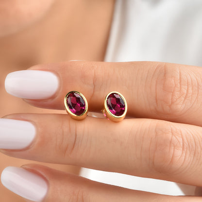 Oval Ruby Bezel Stud Earrings in 14K Solid Gold, July Birthstone Queen Jewelry Earrings