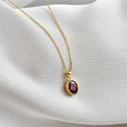 Oval Garnet Bezel Necklace 14K Solid Gold, January Birthstone Charm Pendant Queen Jewelry Necklace