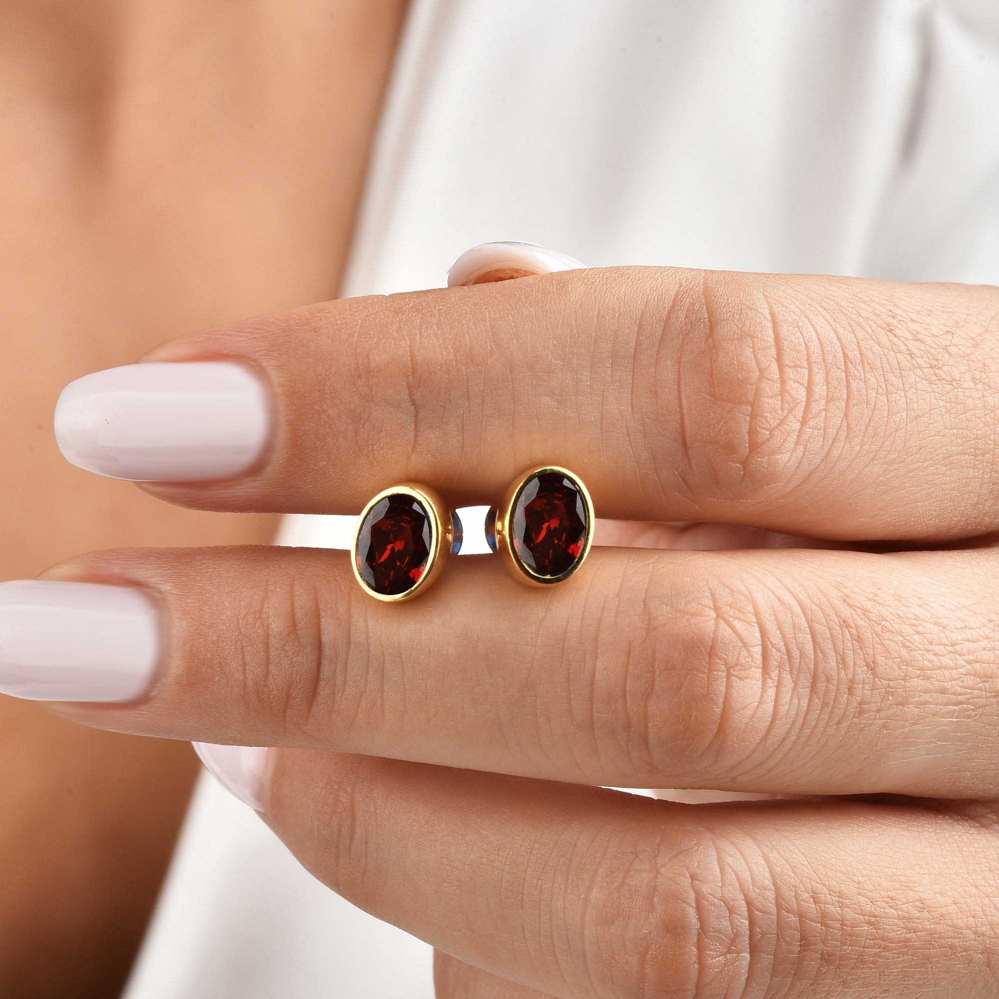 Oval Garnet Bezel Stud Earrings in 14K Solid Gold, January Birthstone Queen Jewelry Earrings