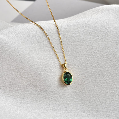 Oval Emerald Bezel Necklace 14K Solid Gold, May Birthstone Charm Pendant Queen Jewelry Necklace