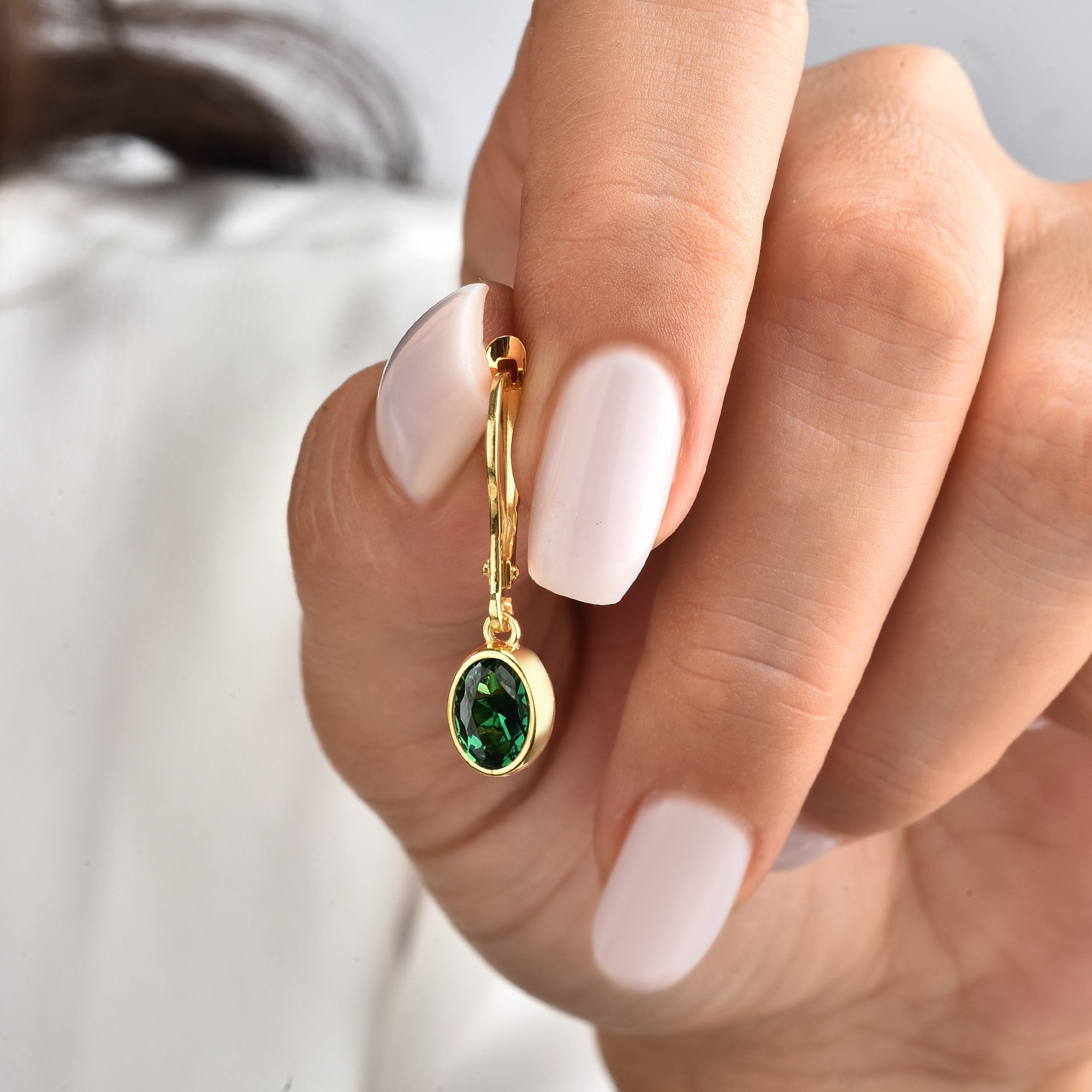 Oval Emerald Bezel Dangle Earrings in 14K Solid Gold, May Birthstone Queen Jewelry Earrings