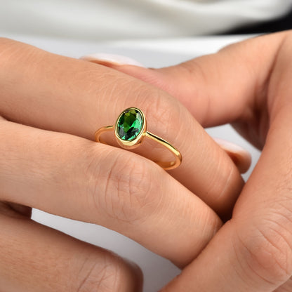 Oval Emerald Bezel Ring in 14K Solid Gold, May Birthstone Queen Jewelry Rings