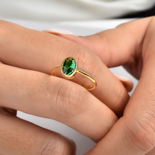 Oval Emerald Bezel Ring in 14K Solid Gold, May Birthstone Queen Jewelry Rings