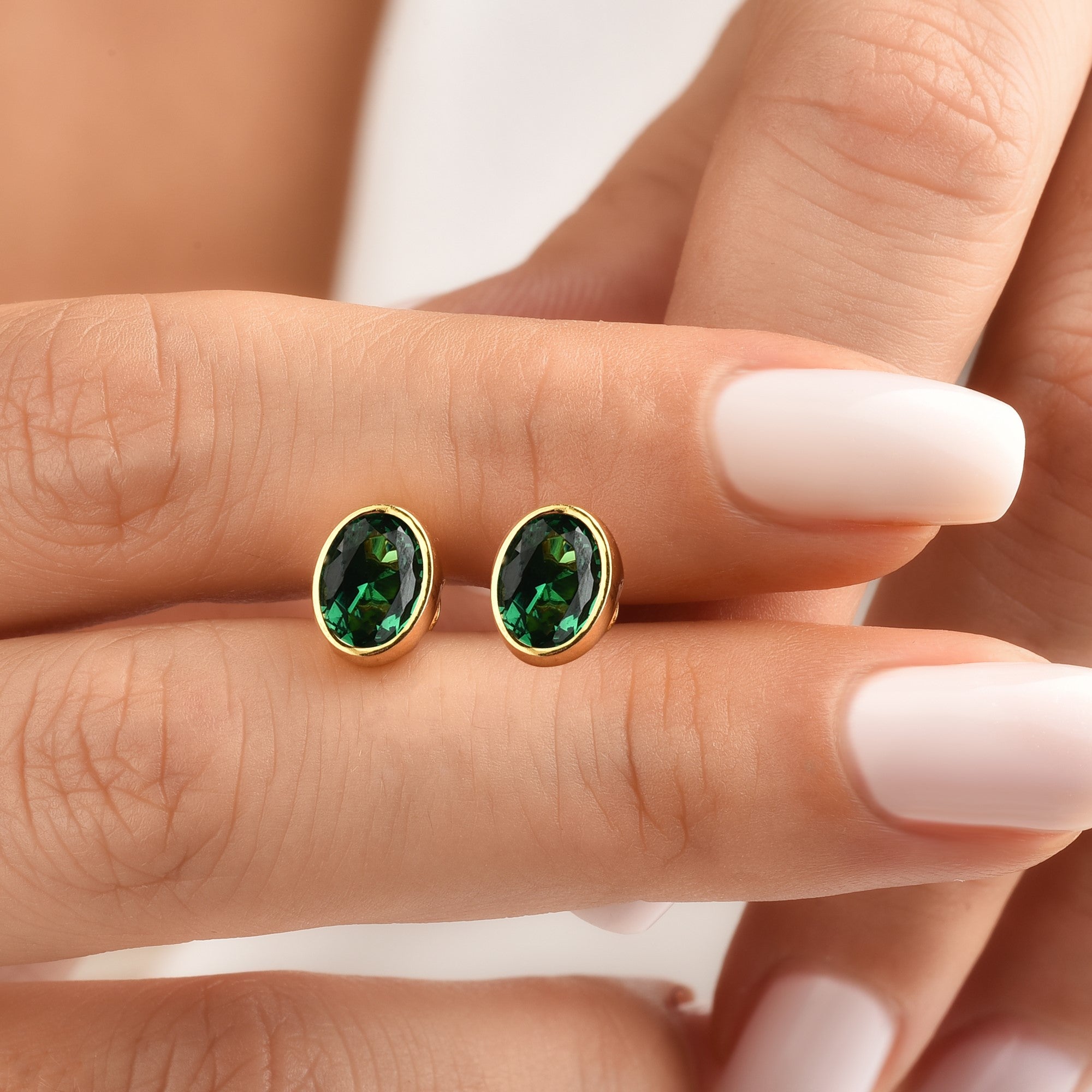 Oval Emerald Bezel Stud Earrings in 14K Solid Gold, May Birthstone Queen Jewelry Earrings
