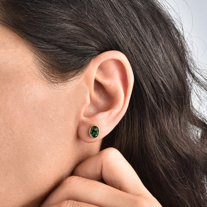 Oval Emerald Bezel Stud Earrings in 14K Solid Gold, May Birthstone Queen Jewelry Earrings