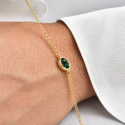 Oval Emerald Bezel Bracelet in 14K Solid Gold, May Birthstone Queen Jewelry Bracelet