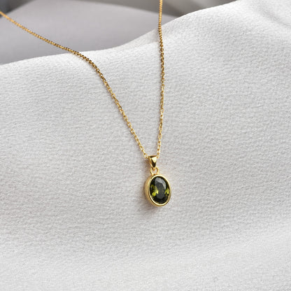 Oval Peridot Bezel Necklace 14K Solid Gold, August Birthstone Charm Pendant Queen Jewelry Necklace