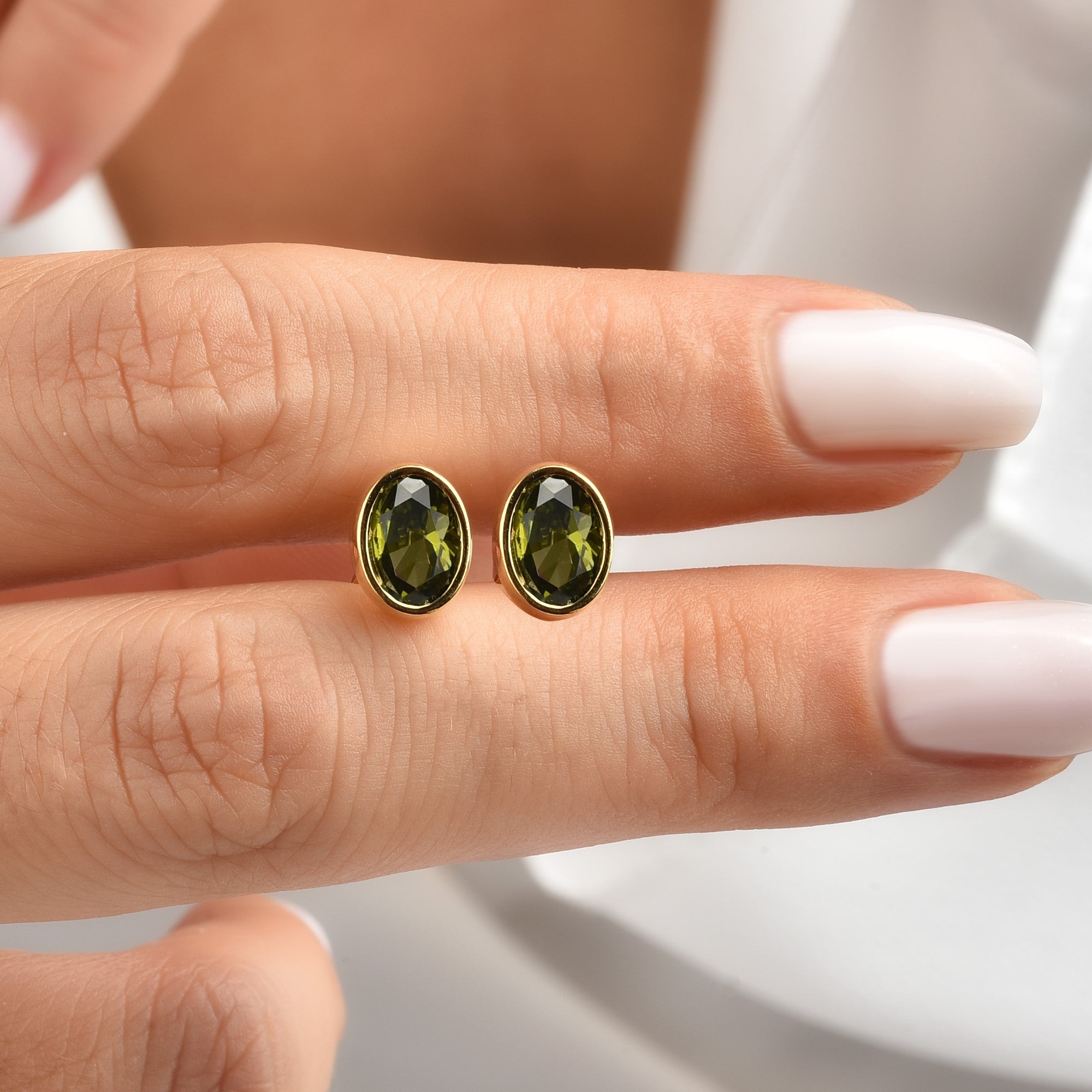 Oval Peridot Bezel Stud Earrings in 14K Solid Gold, August Birthstone Queen Jewelry Earrings