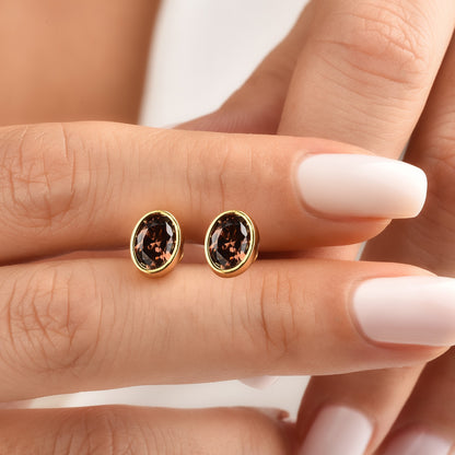 Oval Smoky Quartz Bezel Stud Earrings in 14K Solid Gold, Birthstone Jewelry Queen Jewelry Earrings