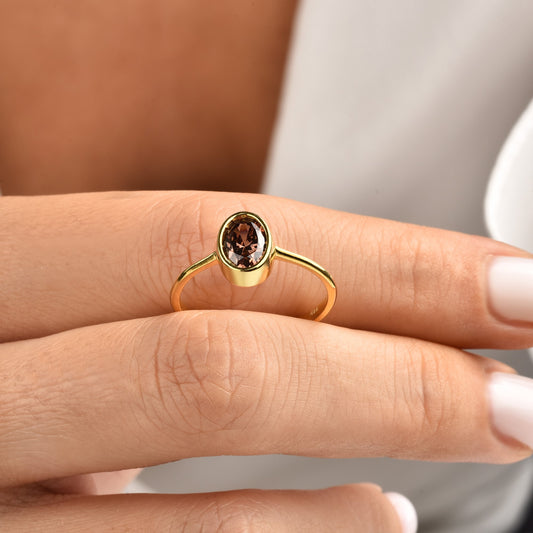 Oval Smoky Quartz  Bezel Ring in 14K Solid Gold, Birthstone Jewelry Queen Jewelry Rings