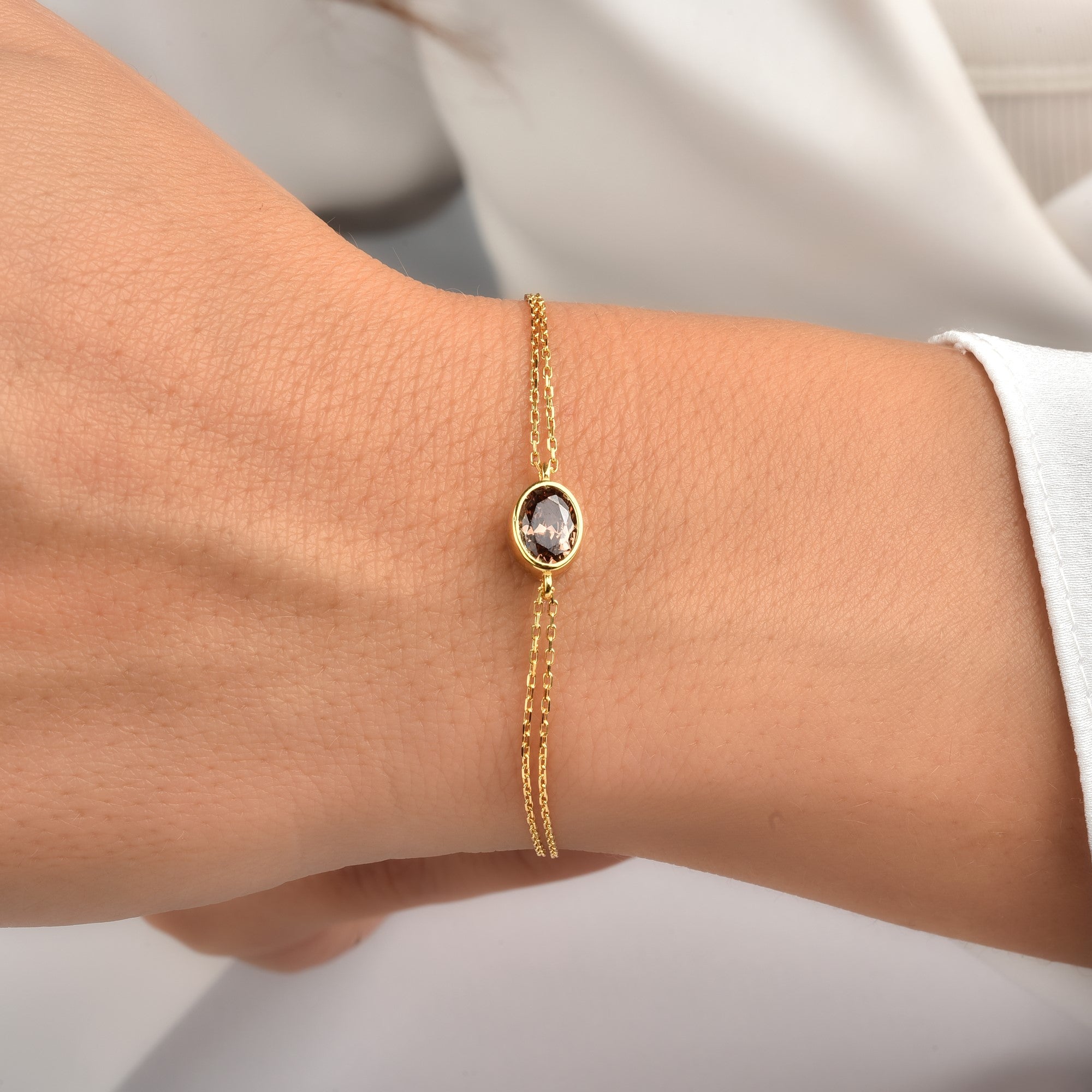 Oval Smoky Quartz Bezel Bracelet in 14K Solid Gold, Birthstone Jewelry Queen Jewelry Bracelet