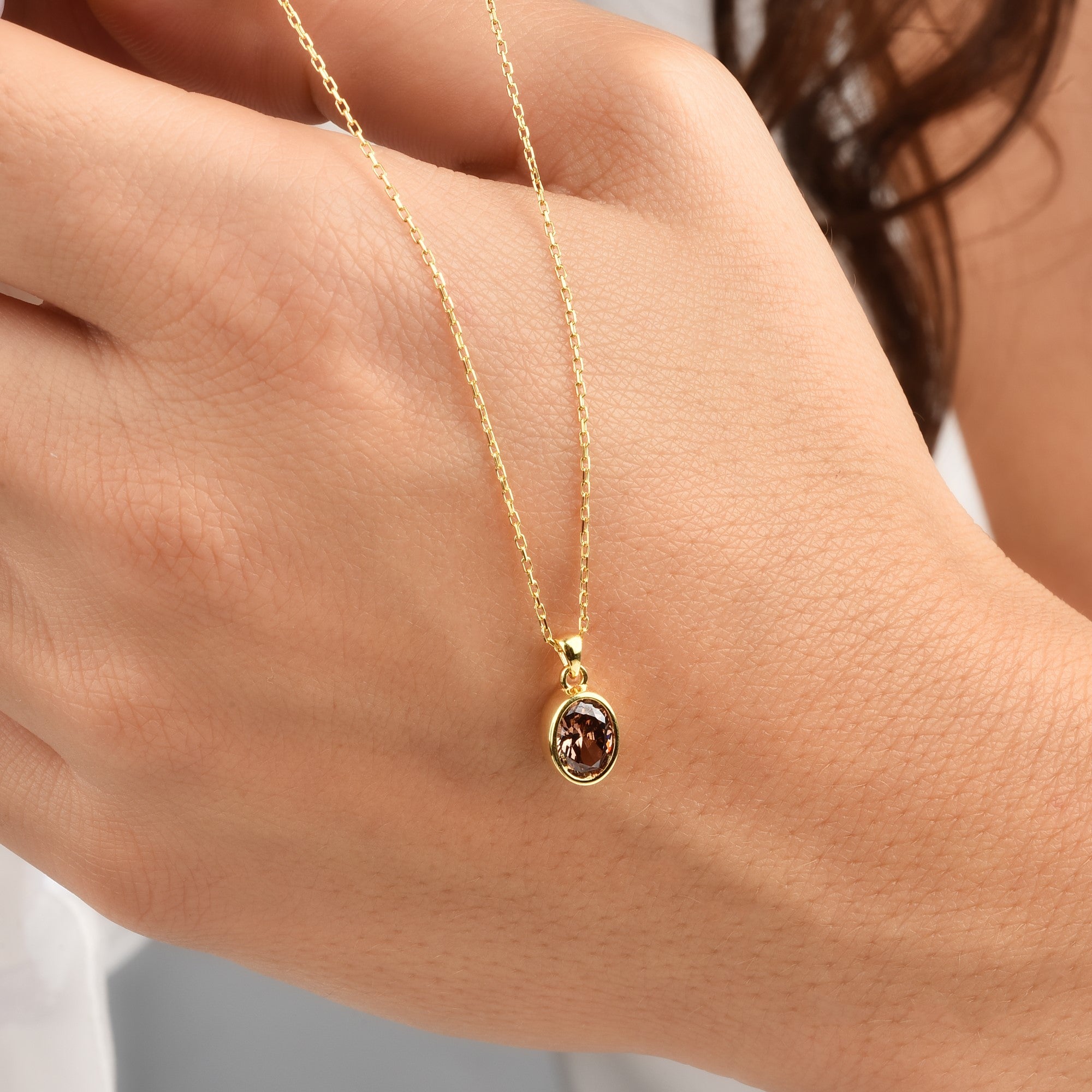 Oval Smoky Quartz Bezel Necklace 14K Solid Gold, Birthstone Charm Pendant Queen Jewelry Necklace