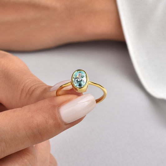 Oval Aquamarine Bezel Ring in 14K Solid Gold, March Birthstone Queen Jewelry Rings