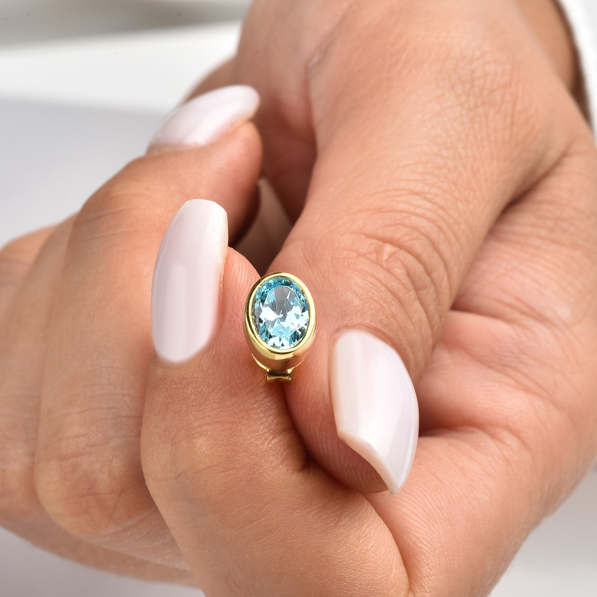 Oval Aquamarine Bezel Stud Earrings in 14K Solid Gold, March Birthstone Queen Jewelry Earrings
