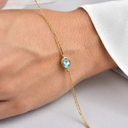 Oval Aquamarine Bezel Bracelet in 14K Solid Gold, March Birthstone Queen Jewelry Bracelet
