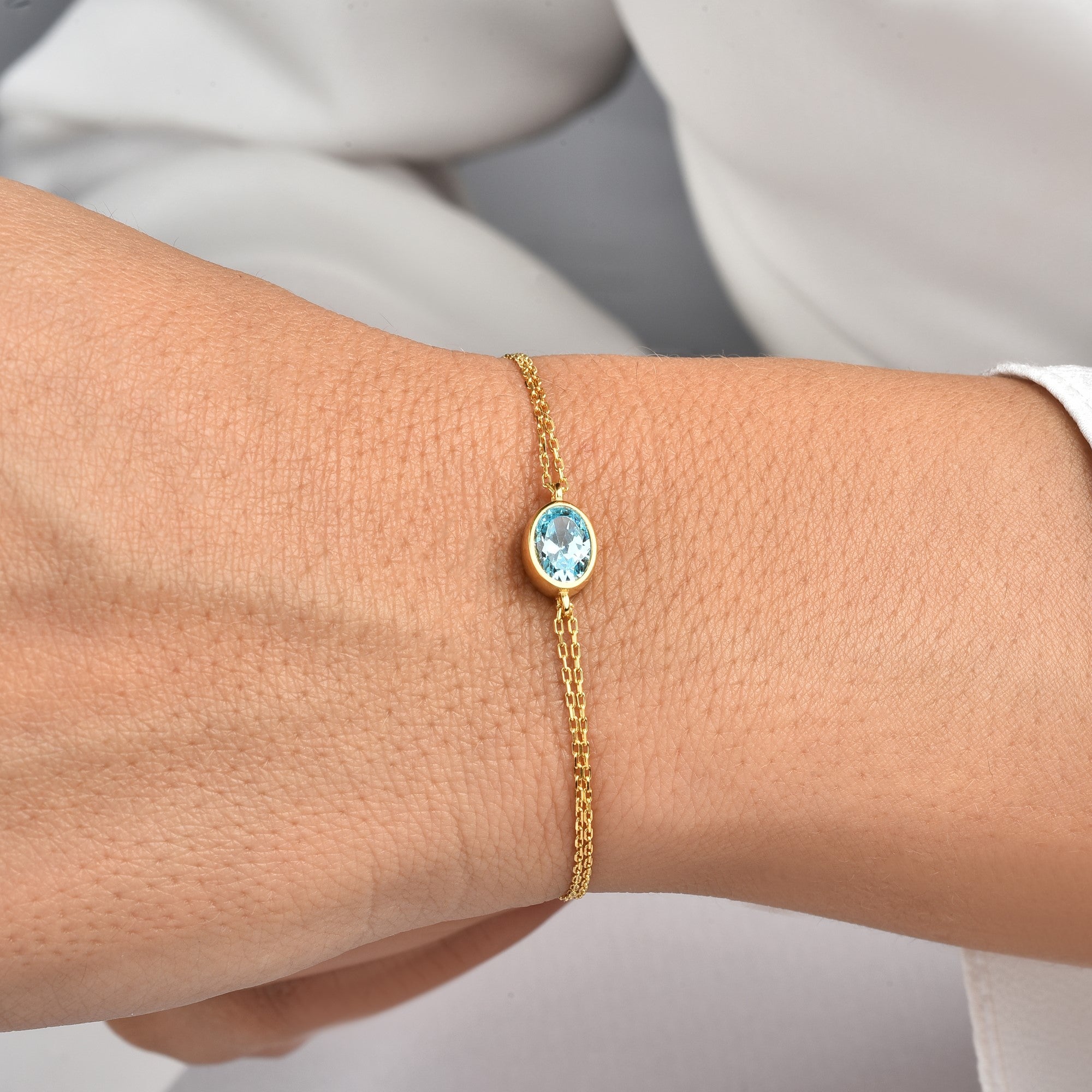 Oval Aquamarine Bezel Bracelet in 14K Solid Gold, March Birthstone Queen Jewelry Bracelet