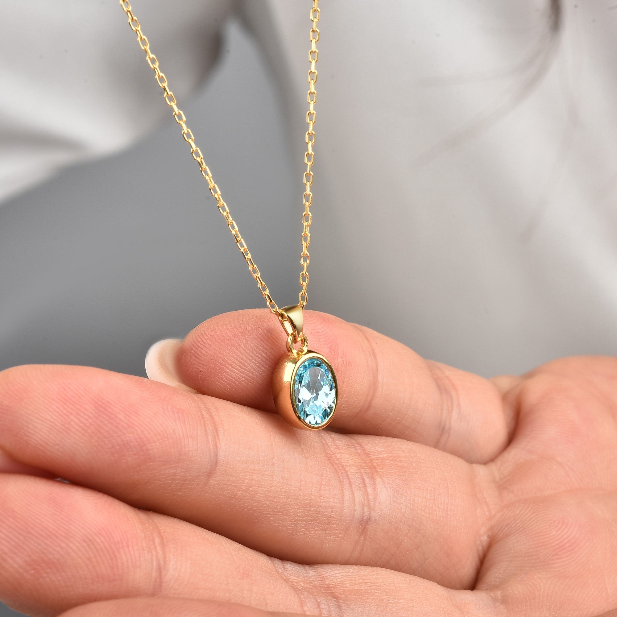 Oval Aquamarine Bezel Necklace 14K Solid Gold, March Birthstone Charm Pendant Queen Jewelry Necklace