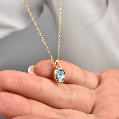 Oval Aquamarine Bezel Necklace 14K Solid Gold, March Birthstone Charm Pendant Queen Jewelry Necklace
