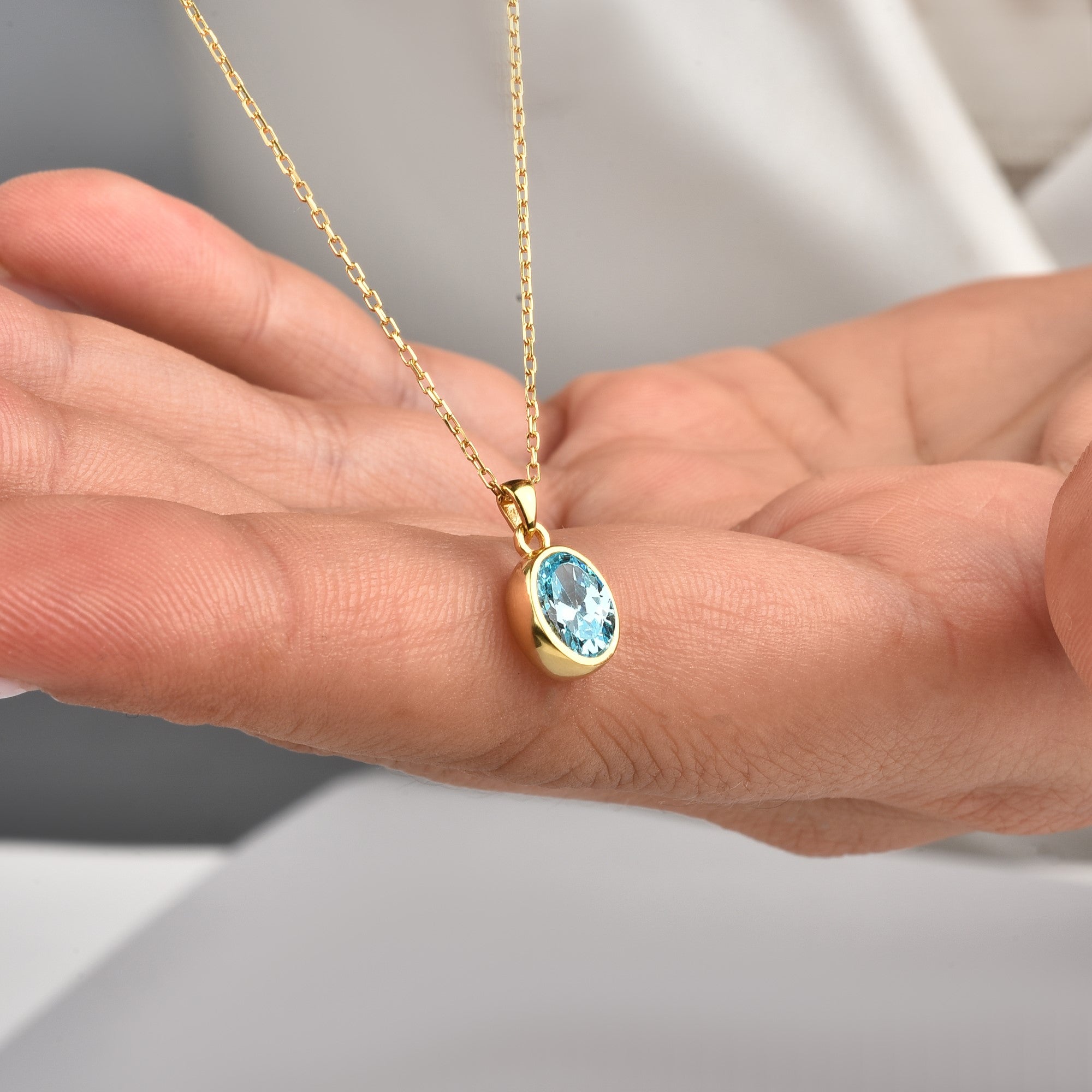 Oval Aquamarine Bezel Necklace 14K Solid Gold, March Birthstone Charm Pendant Queen Jewelry Necklace