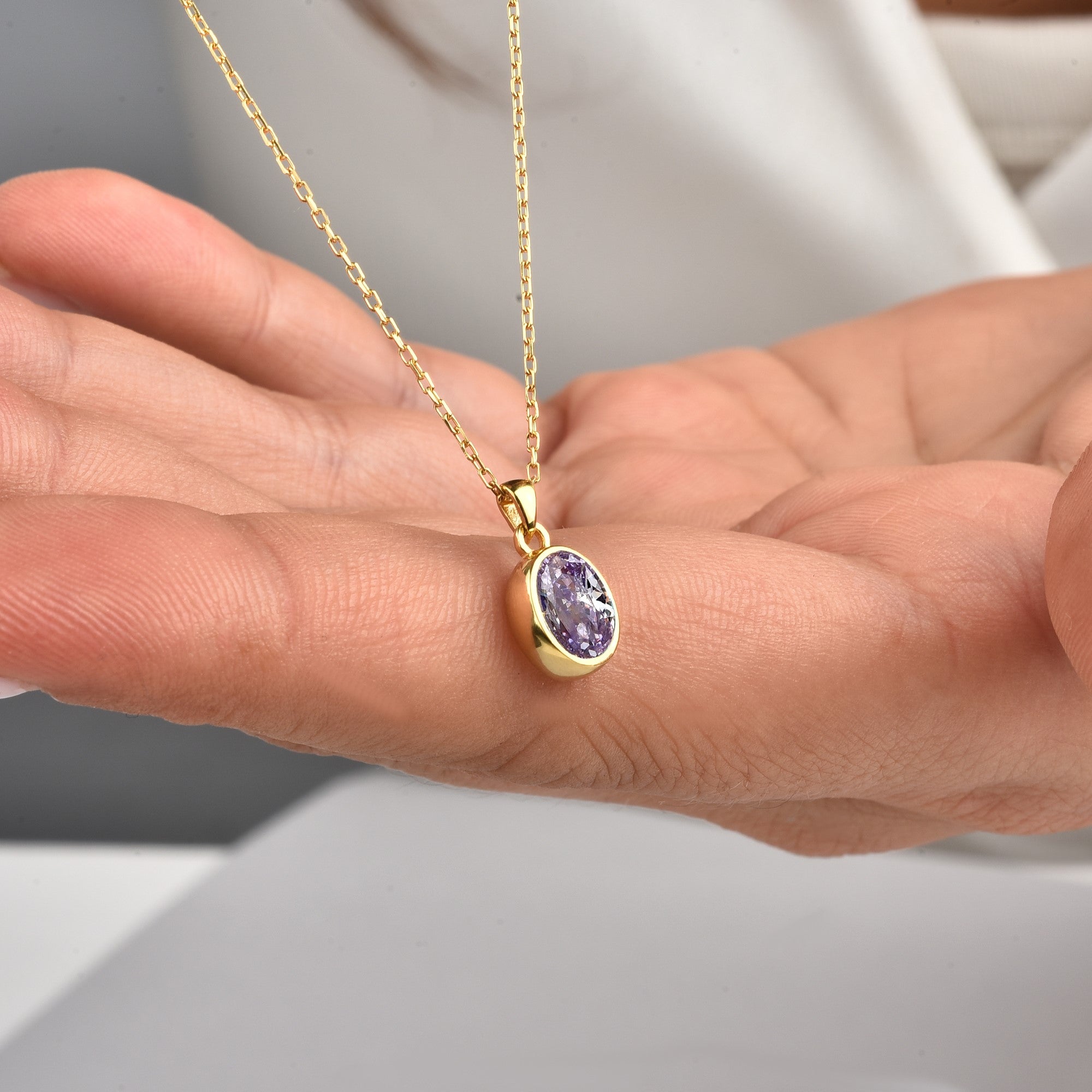 Oval Alexandrite Bezel Necklace 14K Solid Gold, June Birthstone Charm Pendant Queen Jewelry Necklace
