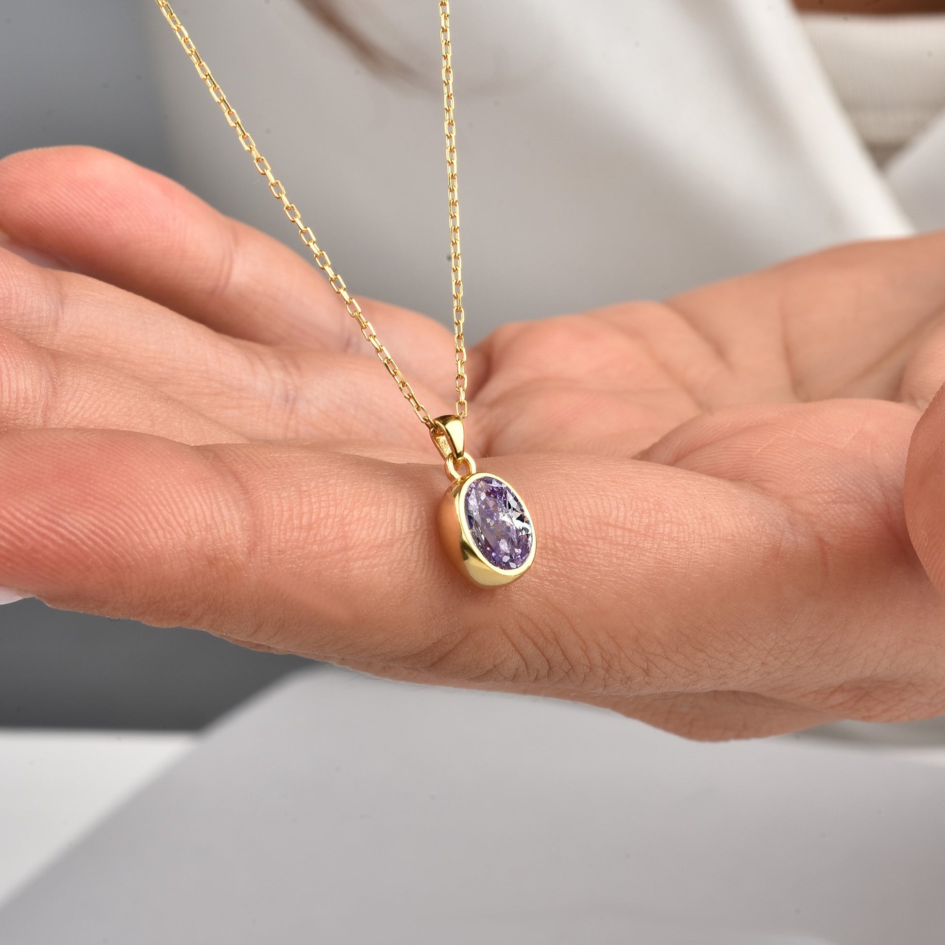 Oval Alexandrite Bezel Necklace 14K Solid Gold, June Birthstone Charm Pendant Queen Jewelry Necklace