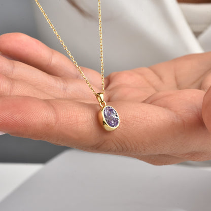 Oval Alexandrite Bezel Necklace 14K Solid Gold, June Birthstone Charm Pendant Queen Jewelry Necklace
