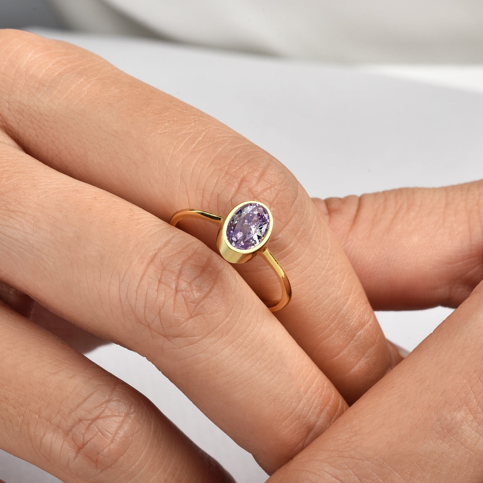 Oval Alexandrite Bezel Ring in 14K Solid Gold, June Birthstone Queen Jewelry Rings