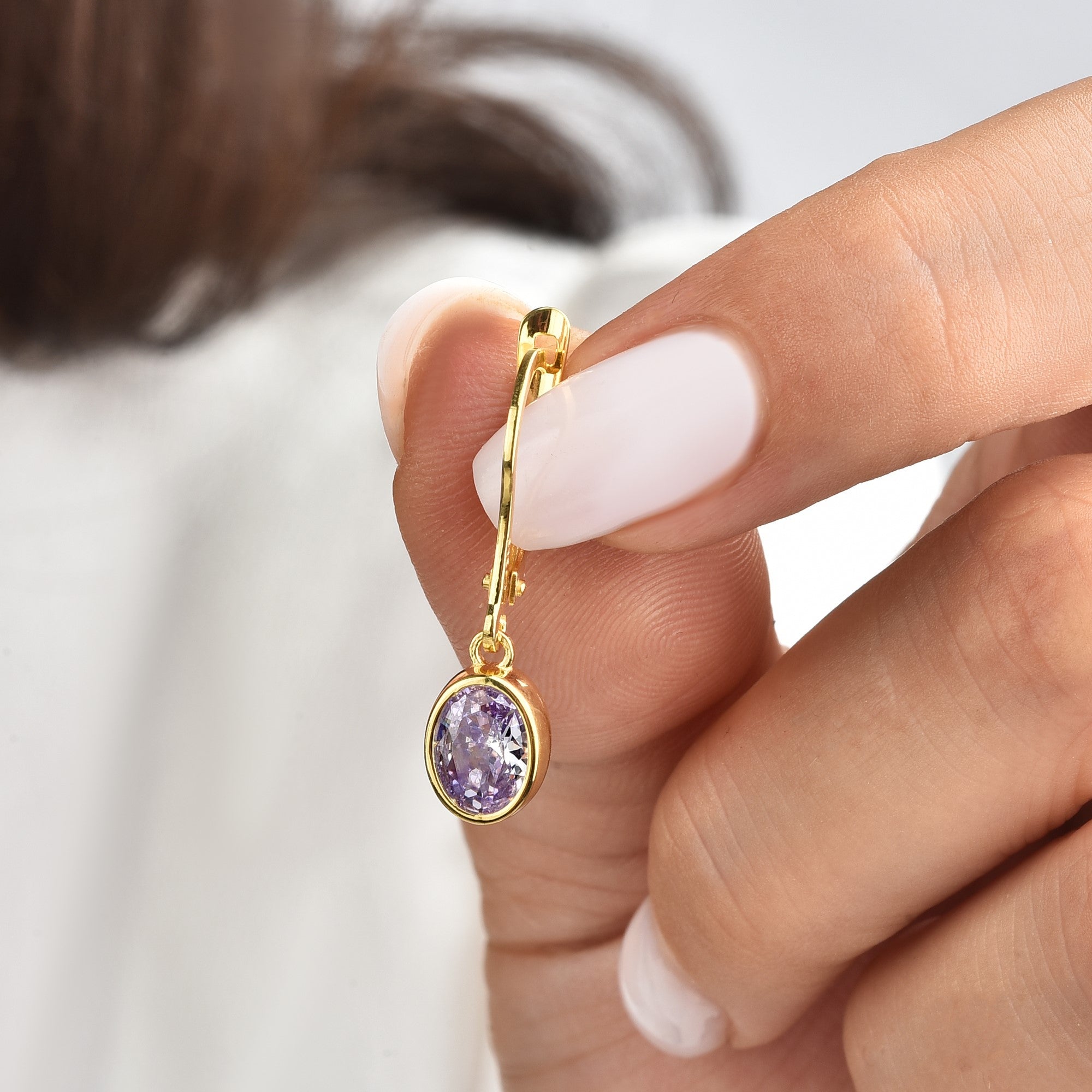 Oval Alexandrite Bezel Dangle Earrings in 14K Solid Gold, June Birthstone Queen Jewelry Earrings